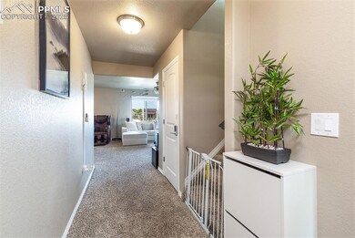 Hallway featuring carpet flooring, a textured wall, baseboards, and a textured ceiling