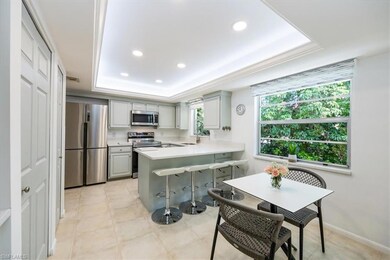 Kitchen featuring a tray ceiling, a peninsula, gray cabinets, light countertops, and appliances with stainless steel finishes