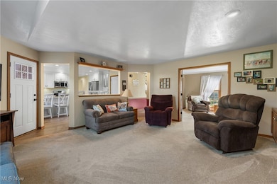 Living area featuring light carpet and a textured ceiling