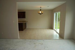 Living room into dining and kitchen