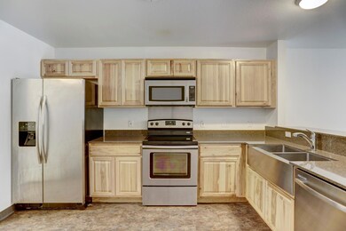 Kitchen with light brown cabinetry, stainless steel appliances, and dark countertops