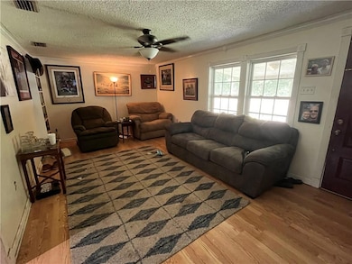 Living room featuring crown molding, a textured ceiling, light wood-type flooring, and ceiling fan