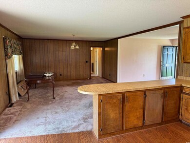 Kitchen with wood walls, light hardwood / wood-sty