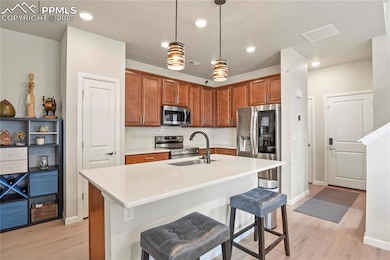Gourmet kitchen with quartz countertops, 42” cabinets, stainless steel sink, pantry, and custom under cab lighting