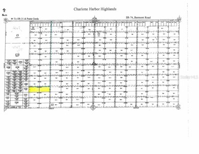 This is a 2 sq. mile plat of Charlotte Harbor Highlands.  Parcel highlighted in yellow is the subject property for sale.  Every quarter mile east-west and every 1/8 mile north-south is an ingress/egress easement. Property is AG zoned which permits lo