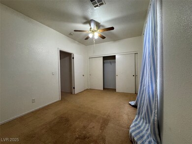 Unfurnished bedroom with a textured wall, carpet floors, a textured ceiling, ceiling fan, and a closet