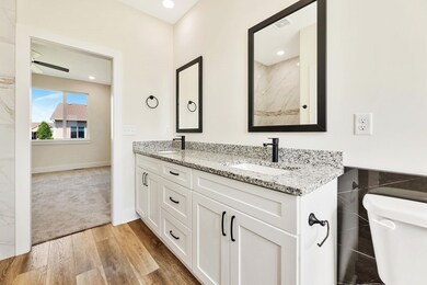Bathroom with vanity, toilet, hardwood / wood-style floors, and ceiling fan