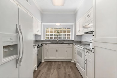Kitchen with white fridge with ice dispenser, whit