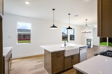 Kitchen featuring a sink, light wood-type flooring, stainless steel dishwasher, a chandelier, and baseboards