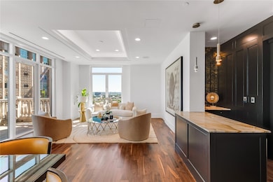 Living room featuring a tray ceiling and dark hard