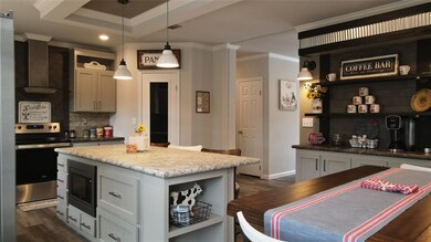 Kitchen with stainless steel range oven, ornamenta