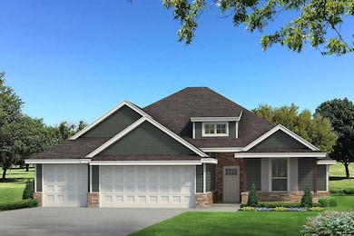 Craftsman-style house featuring a front yard, brick siding, concrete driveway, a garage, and a shingled roof