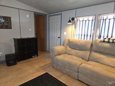 Living room featuring wood finished floors and vaulted ceiling