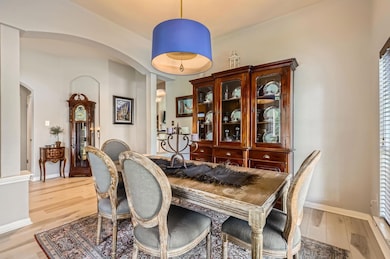 Dining room with arched walkways, light wood-styl