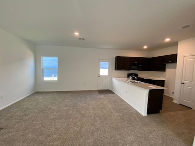Kitchen with a peninsula, dark colored carpet, li