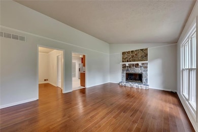 Unfurnished living room featuring vaulted ceiling, dark wood-type flooring, a textured ceiling, and a stone fireplace