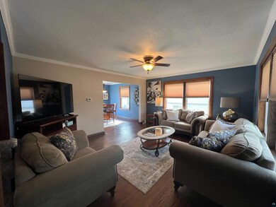 Living area with a ceiling fan, a textured ceiling, and dark wood finished floors