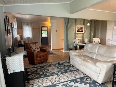 Living room with finished floors, wooden ceiling, ornamental molding, and lofted ceiling