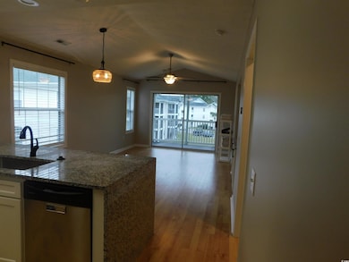 Kitchen with stainless steel dishwasher, dark stone counters, light wood-type flooring, ceiling fan, and pendant lighting