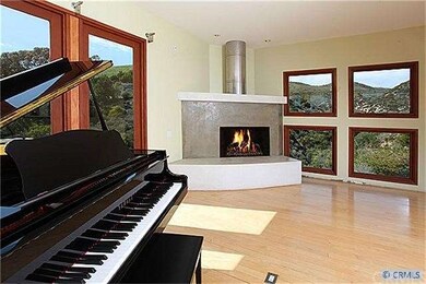 Corner fireplace in open living/dining area.