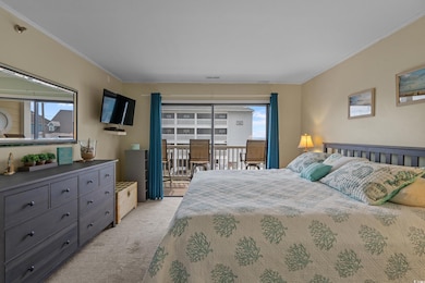 Bedroom with light carpet, multiple windows, crown molding, and access to exterior