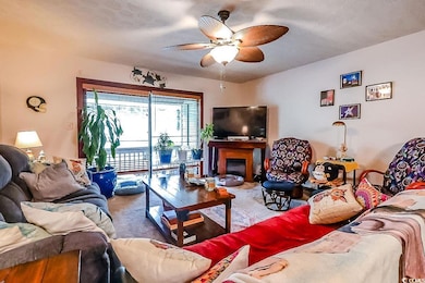 Living room featuring ceiling fan, carpet, and a fireplace