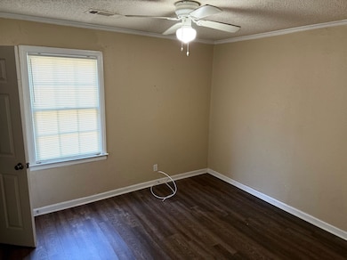 Empty room with wood finished floors, ceiling fan, a textured ceiling, and crown molding