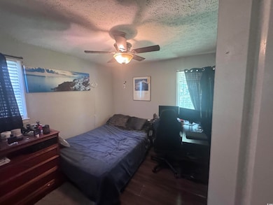 Bedroom featuring a textured ceiling, multiple windows, wood finished floors, and a ceiling fan
