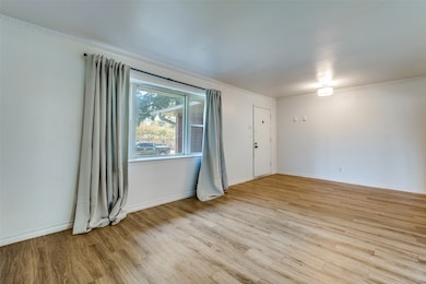Spare room with light wood-type flooring and crown molding