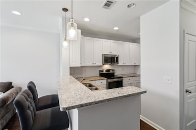 Kitchen with appliances with stainless steel finishes, a sink, dark wood finished floors, recessed lighting, and light stone counters