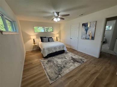 Primary Bedroom with multiple windows, wood finished floors, and ceiling fan
