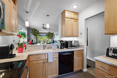 Kitchen with a sink, light brown cabinets, black appliances, recessed lighting, and hanging light fixtures