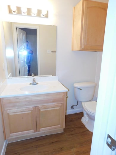 Half bathroom with vanity and dark wood-type flooring