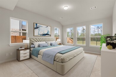 Come and unwind after a long day in this magnificent primary suite! This spacious room features plush carpet, warm paint, high ceilings and large windows.
