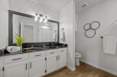 Bathroom featuring vanity, wood-type flooring, toi