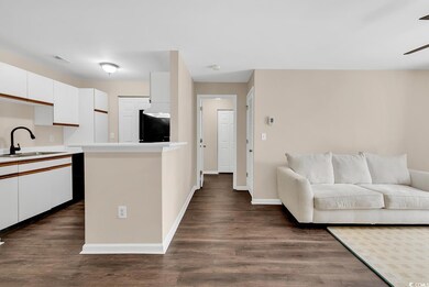Kitchen featuring open floor plan, dark wood-style flooring, white cabinets, light countertops, and a ceiling fan