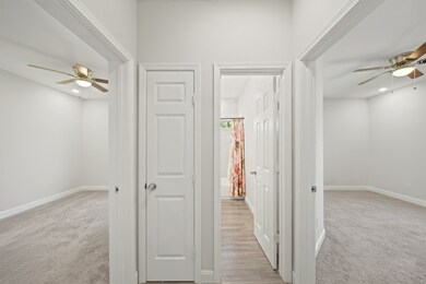 Hallway view showcasing the central access point to the secondary bedrooms and the guest bathroom, featuring bright white trim and doors.