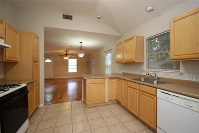 Kitchen with white dishwasher, light brown cabine