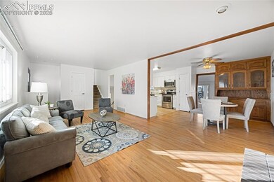 Living room featuring ceiling fan and light wood-t