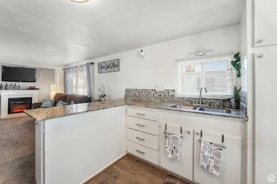 Kitchen featuring a glass covered fireplace, a peninsula, dark wood-style flooring, a sink, and white cabinetry