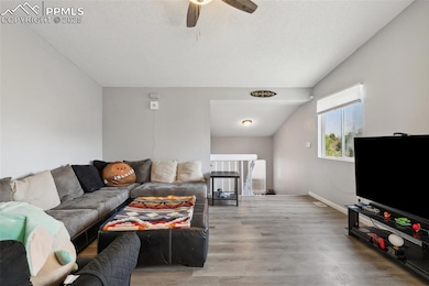 Living area featuring wood finished floors, ceiling fan, a textured ceiling, and lofted ceiling