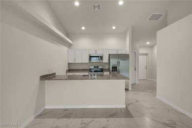 Kitchen with stainless steel appliances, light mar