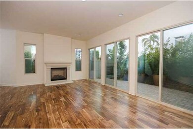 Tons of light from wall of sliders, fireplace and 