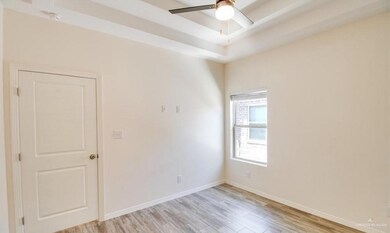Spare room featuring a tray ceiling, ceiling fan, and light wood-type flooring