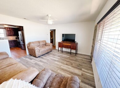 Living room featuring a ceiling fan, visible vents