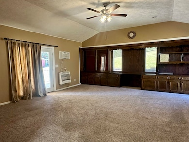 Unfurnished living room featuring vaulted ceiling, healthy amount of natural light, a textured ceiling, light carpet, and heating unit