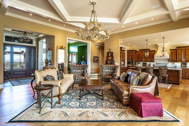 Great room with boxed beam ceilings