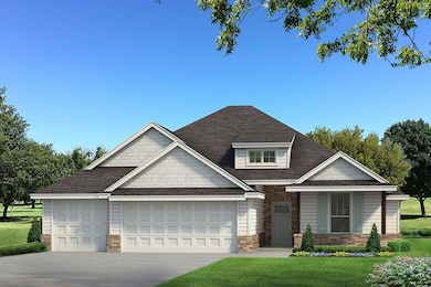 Craftsman house with a front lawn, an attached garage, brick siding, concrete driveway, and roof with shingles