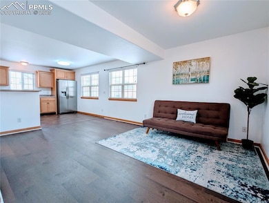 Living room with dark wood-style flooring and baseboards