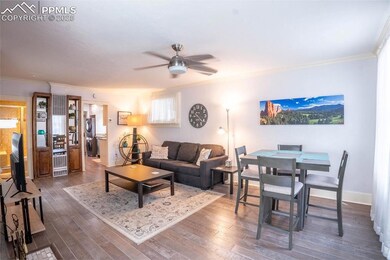 Living area featuring a ceiling fan, crown molding